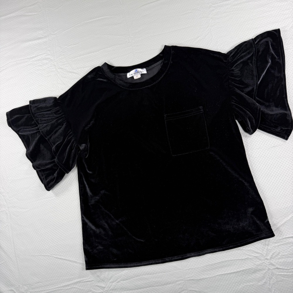 Luxe Apothetique Womens M Black Velvet Tiered Ruffle Flutter Sleeve Pocket Top
